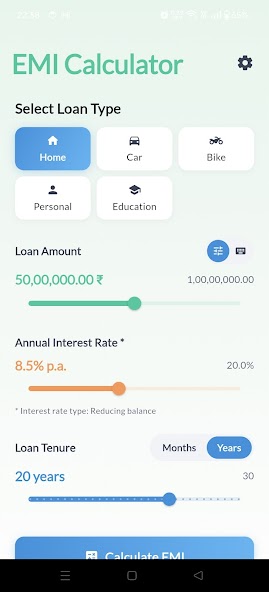EMI Calculator main screen