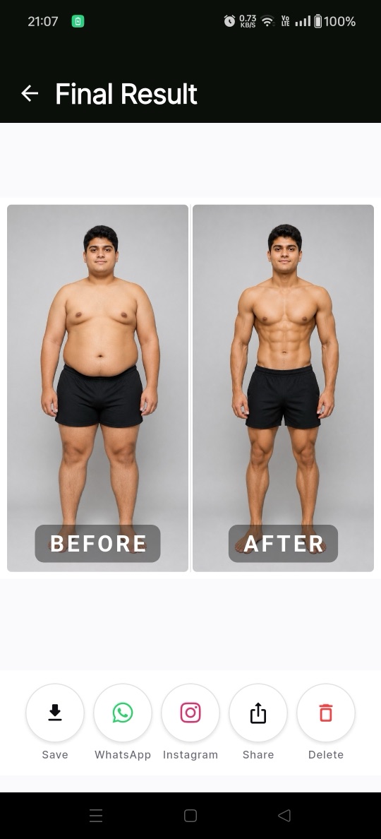 ProgressShot fitness transformation result with sharing options